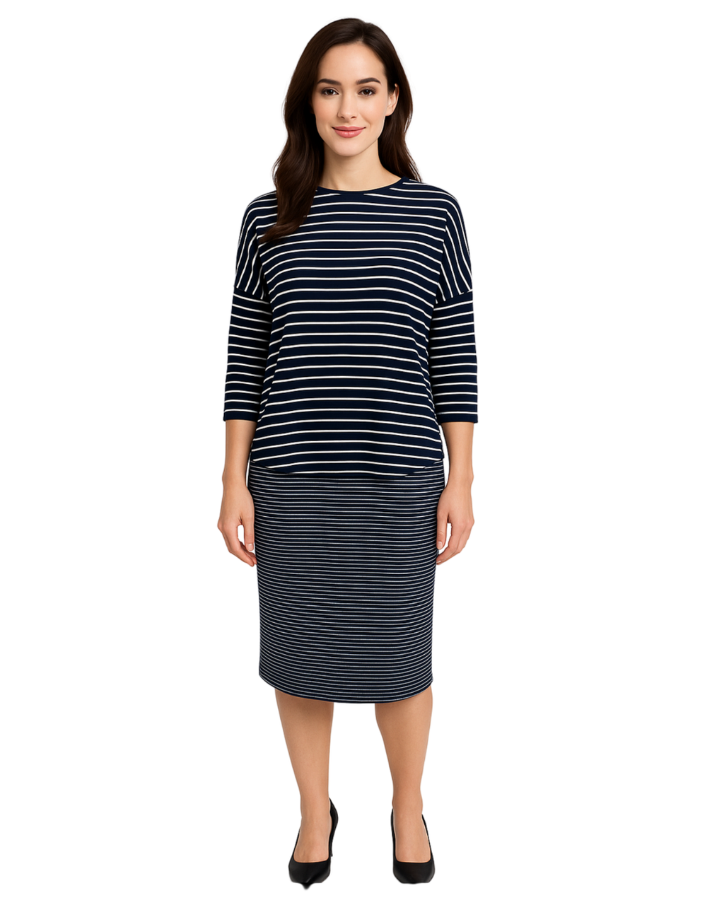 Modest Midi Pencil Skirt Below the Knee with Elastic Waist - Striped Pattern