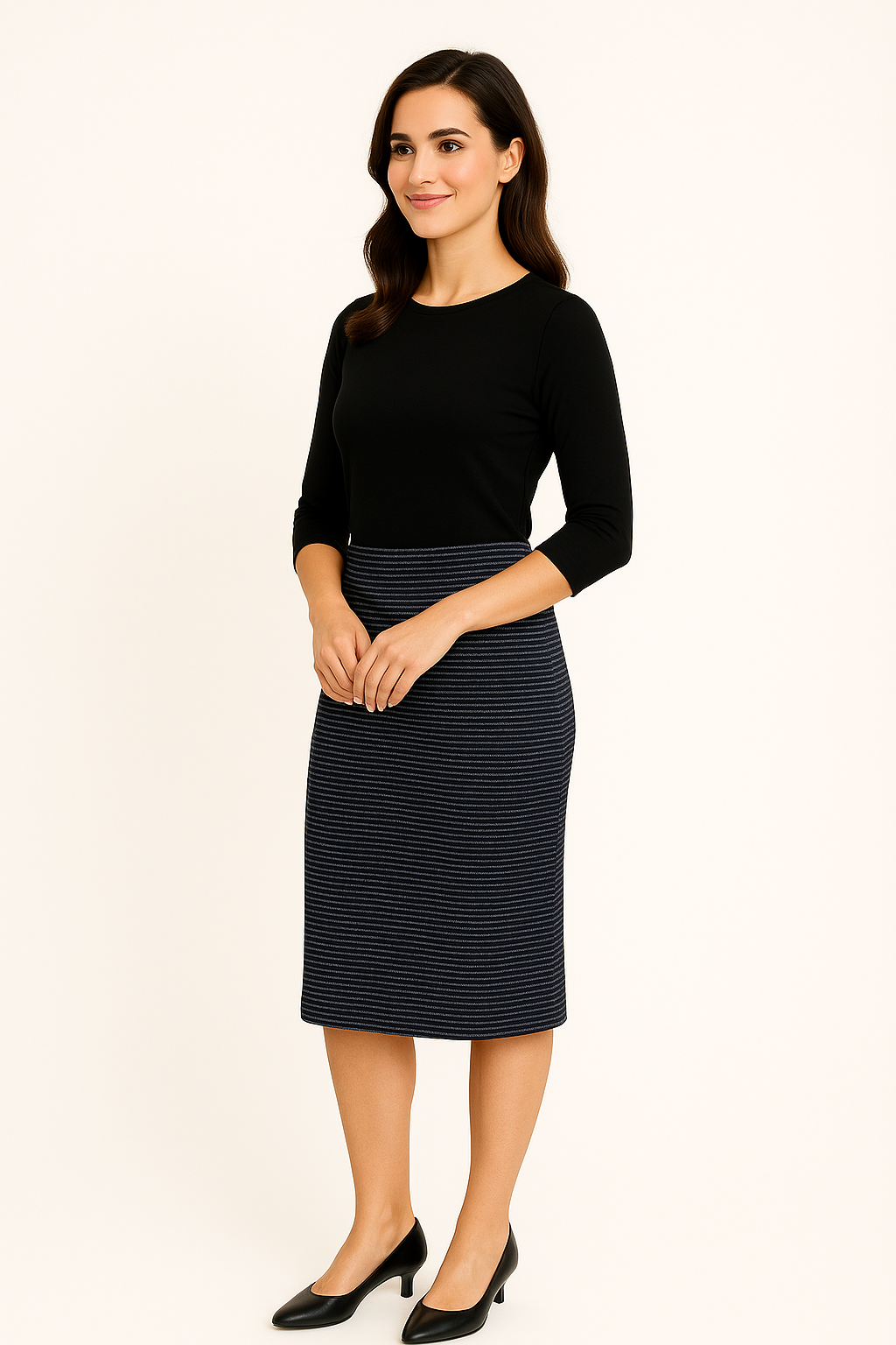 Modest Midi Pencil Skirt Below the Knee with Elastic Waist - Striped Pattern