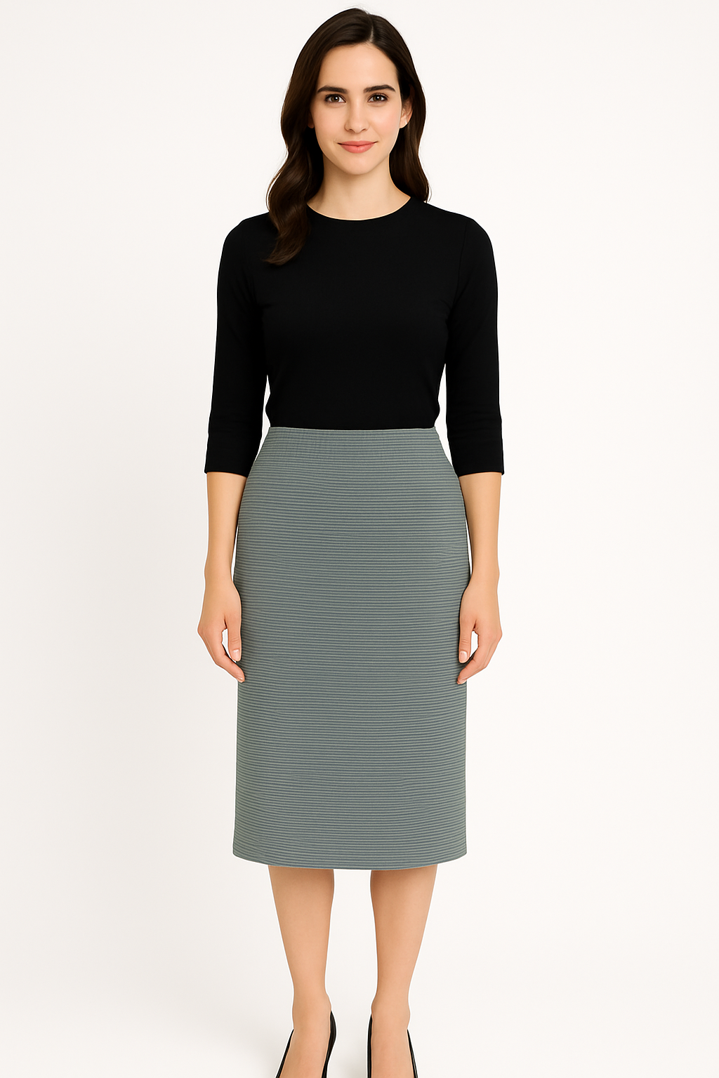 Modest Midi Pencil Skirt Below the Knee with Elastic Waist - Striped Pattern