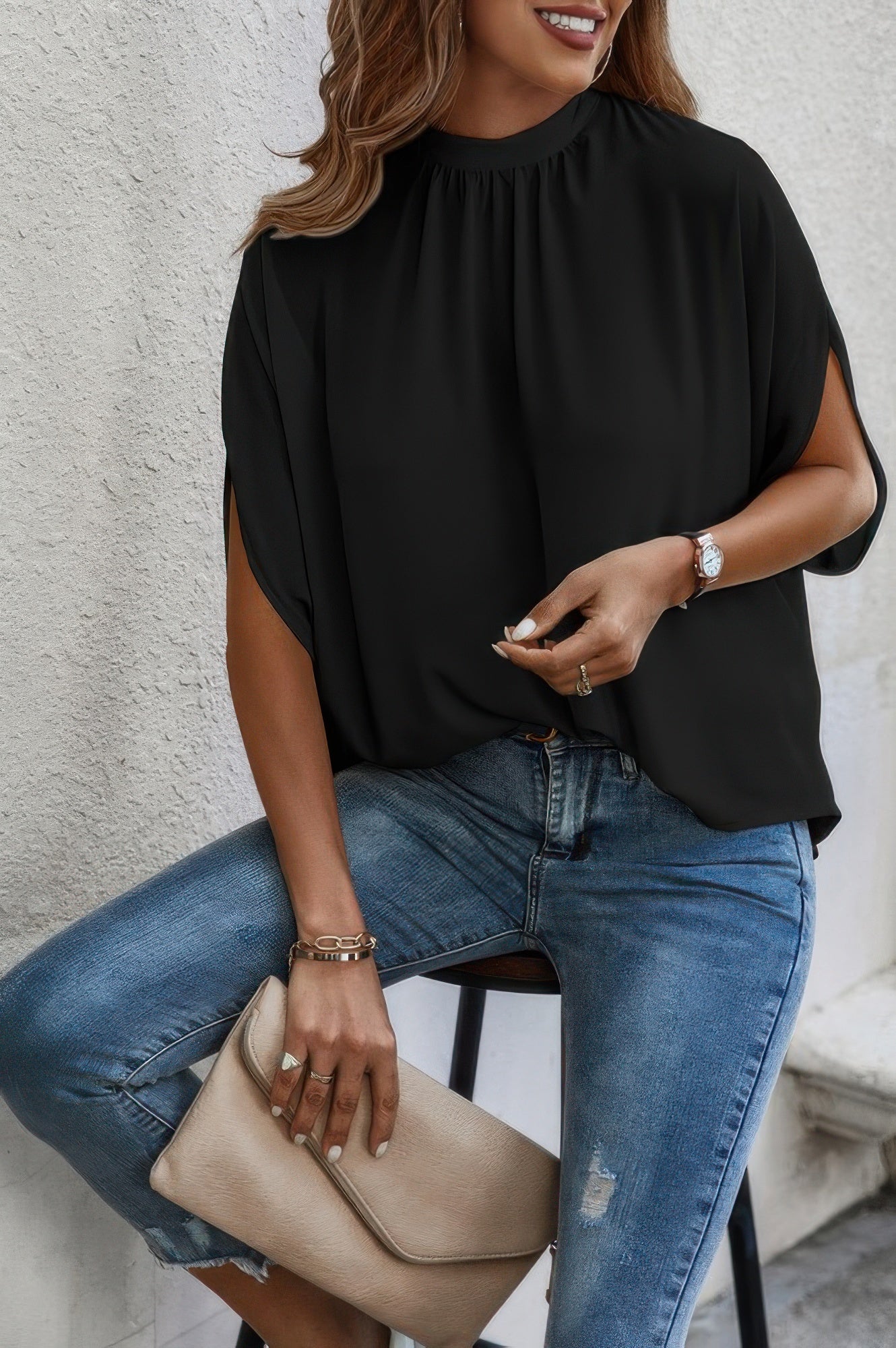 Mock Neck Batwing Sleeve Solid Loose Blouse See size chart under “more details”