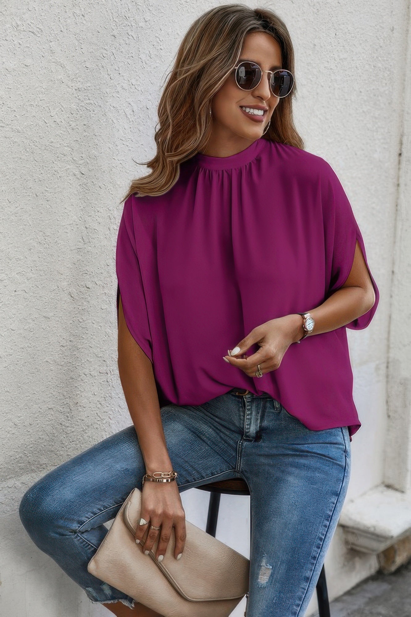 Mock Neck Batwing Sleeve Solid Loose Blouse See size chart under “more details”