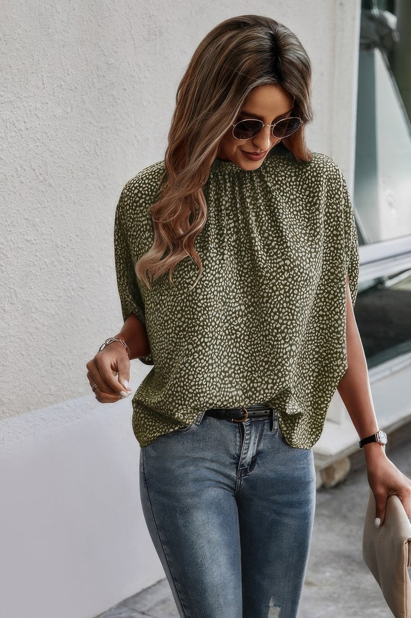 Mock Neck Batwing Sleeve Solid Loose Blouse See size chart under “more details”