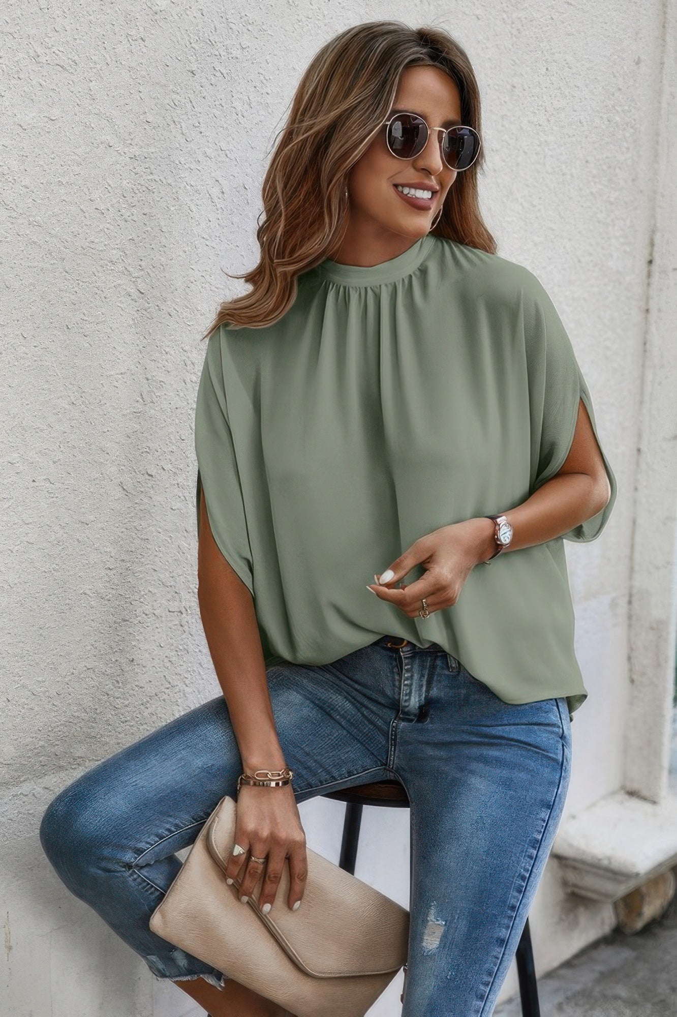 Mock Neck Batwing Sleeve Solid Loose Blouse See size chart under “more details”