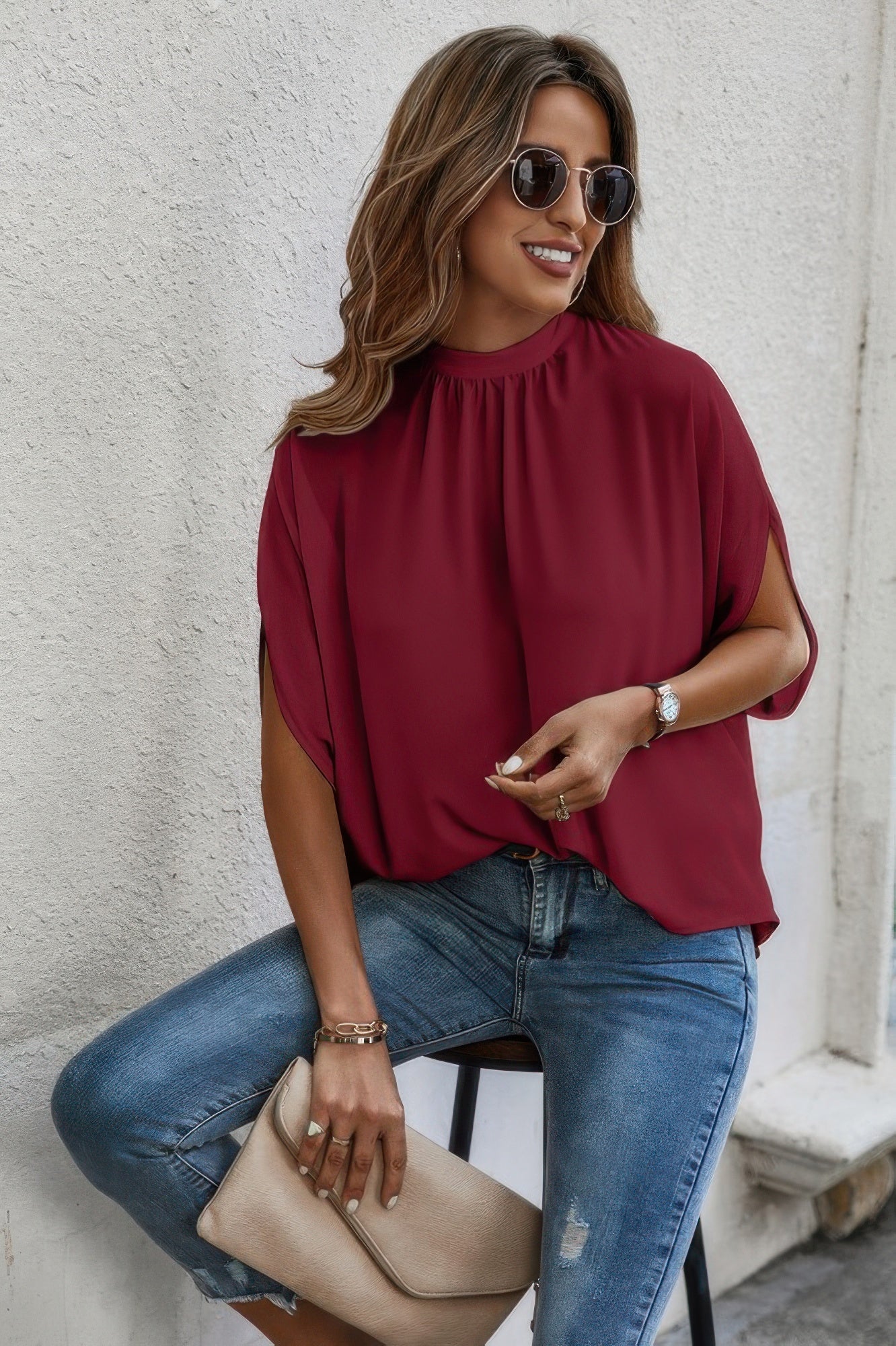 Mock Neck Batwing Sleeve Solid Loose Blouse See size chart under “more details”