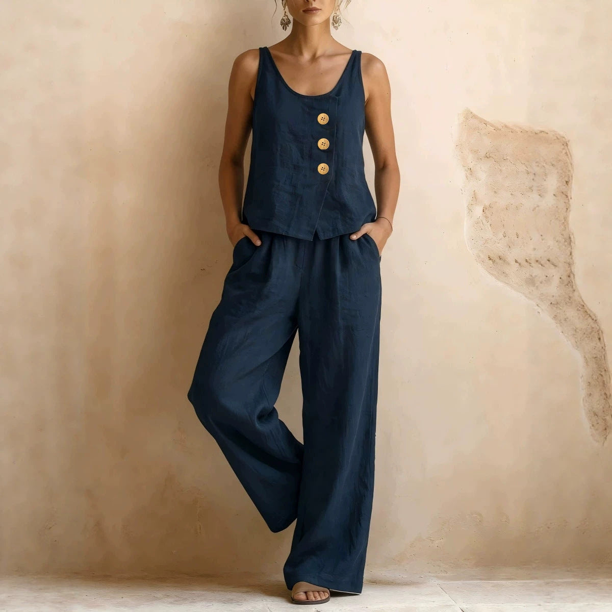 Women's Cotton Linen Sleeveless Tank Top & Pants Two-Piece Set