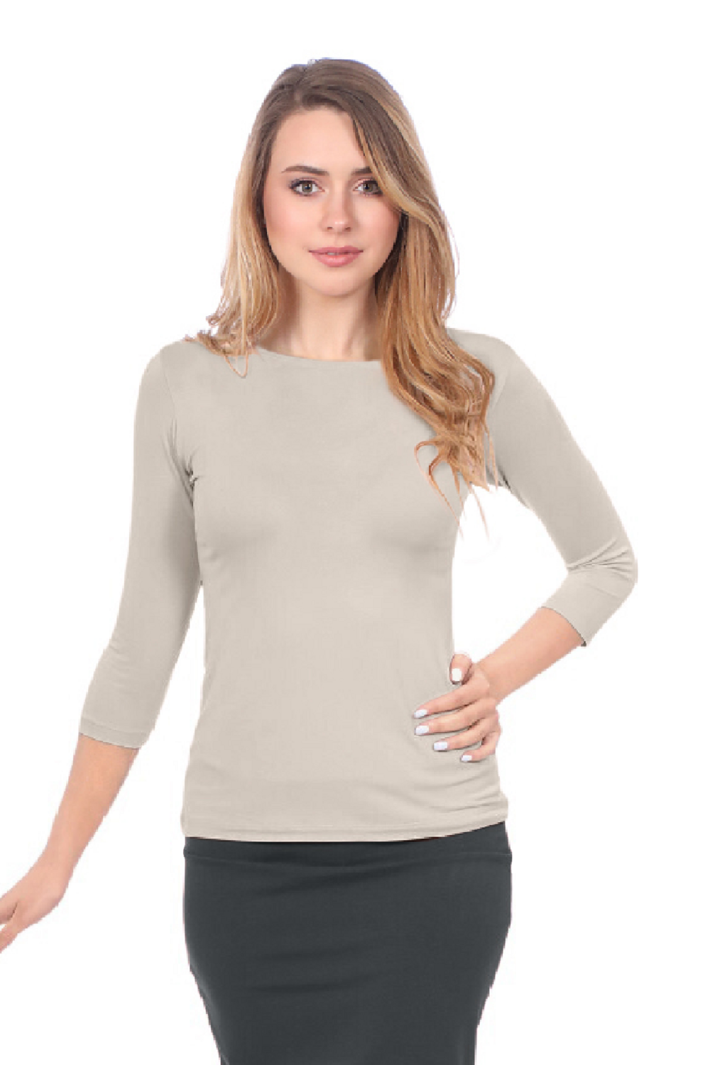 Fitted 3/4 Sleeve Layering Shell - High Round Neckline Slim-Fit Undershirt